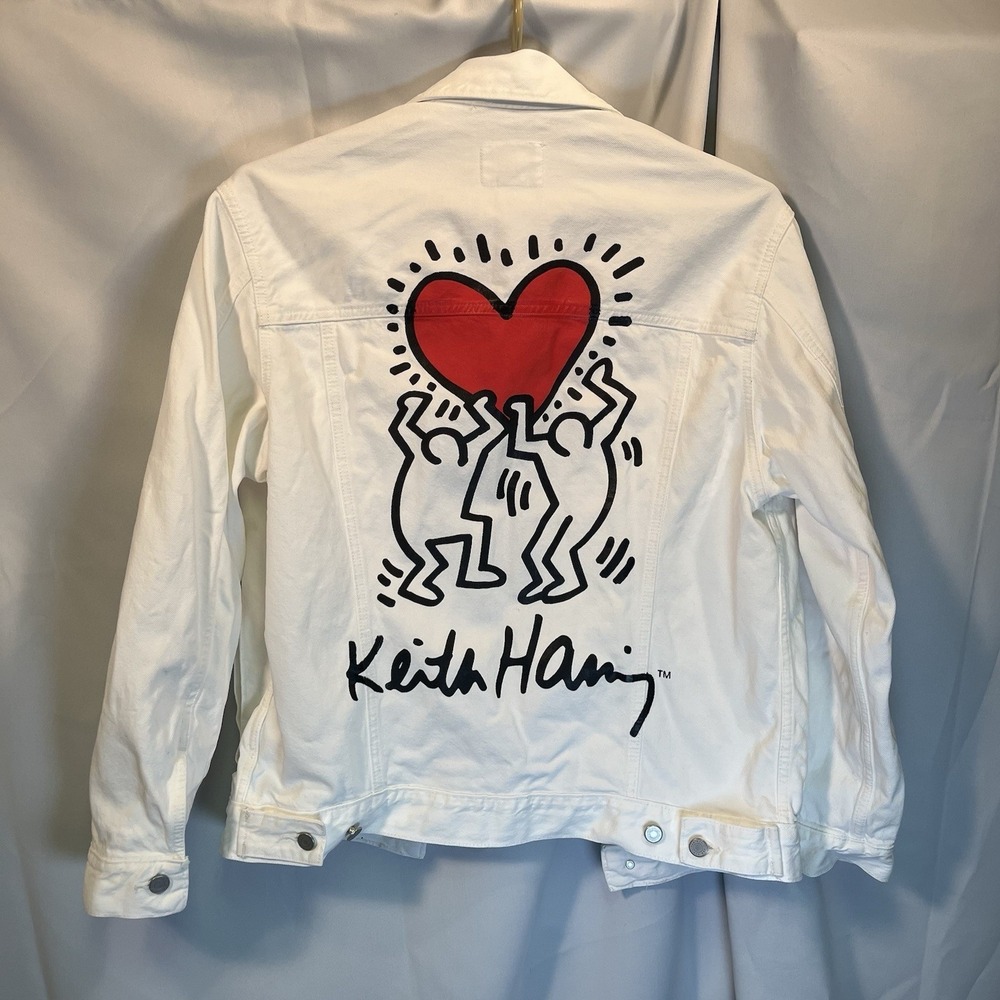 Keith Haring Jacket H&M Limited Edition Mens Size Small Denim Relaxed White